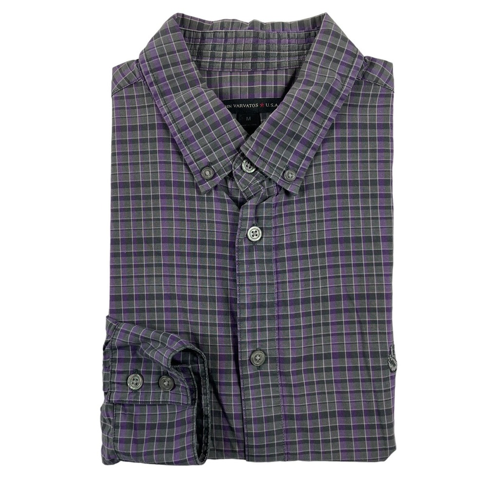 John Varvatos USA Mens Gray Purple Checked Embroidered Peace Button Shirt Size M